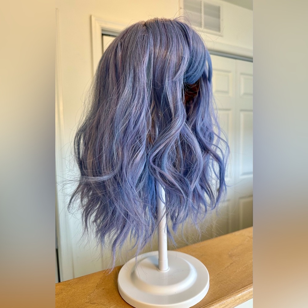 Lavender Purple Blue Wavy Short Medium Wig with Bangs 14 Inch Length